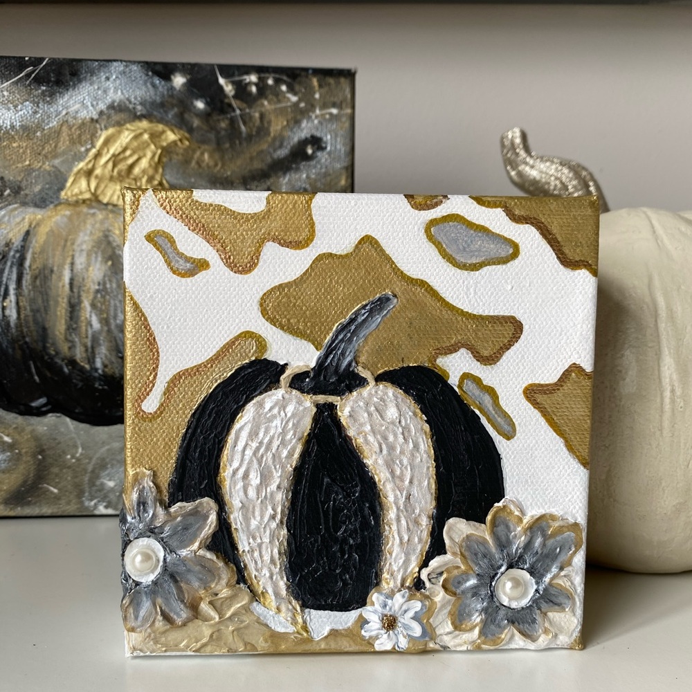 5x5 Angel Wings on a Black Pumpkin gold & silver flowers with pearls Canvas Art